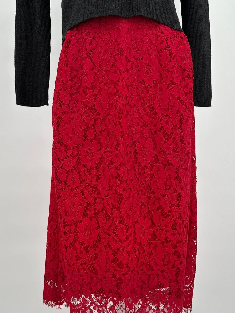 J.Crew Red Lace Pencil Skirt Scalloped Eyelash Hem Lined Size 10 - Picture 9 of 13